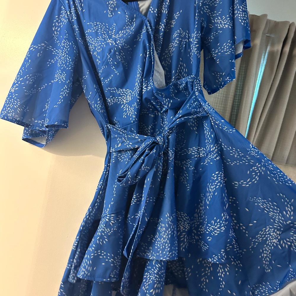 Blue Printed Tie-Waist Wrap romper